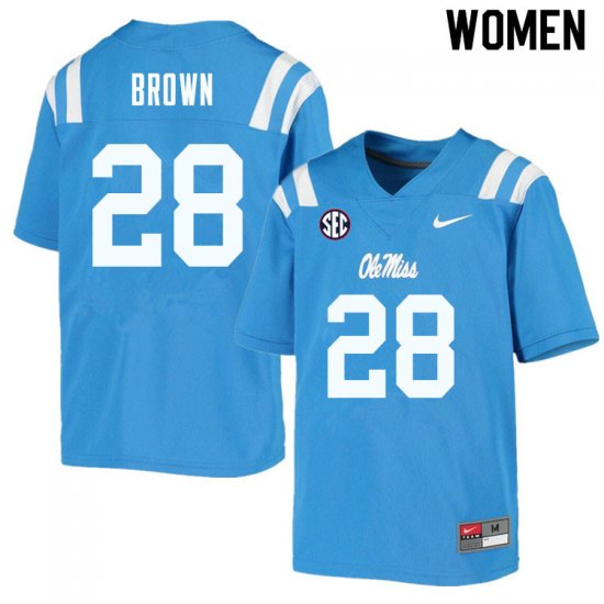 Sale - Powder Blue Markevious Brown #28 Ole Miss Rebels Women Stitch University Football Jersey