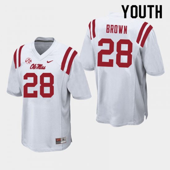 Sale - White Markevious Brown #28 Ole Miss Rebels Youth Embroidery High School Football Jersey