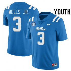 Sale - Power Blue Antwane Wells Jr. #3 Ole Miss Rebels Youth Embroidery NCAA Football Jersey