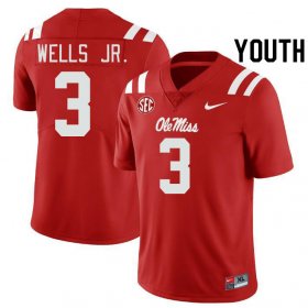 Sale - Red Antwane Wells Jr. #3 Ole Miss Rebels Youth Stitch College Football Jersey