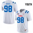 Sale - White Jaden Dicks #98 Ole Miss Rebels 2024 Youth Embroidery NCAA Football Jersey